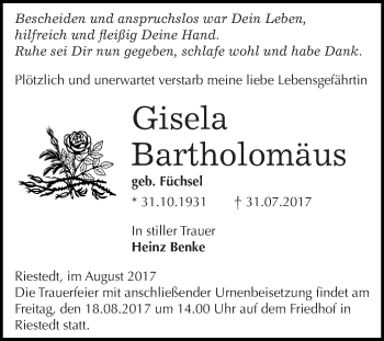 Traueranzeige von Gisela Bartholomäus von WVG - Wochenspiegel SGH