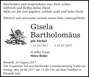 Traueranzeige von Gisela Bartholomäus von Mitteldeutsche Zeitung Sangerhausen