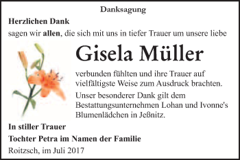 Traueranzeige von Gisela Müller von WVG - Wochenspiegel Bitterfeld
