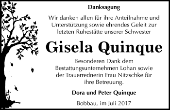 Traueranzeige von Gisela Quinque von Mitteldeutsche Zeitung Bitterfeld