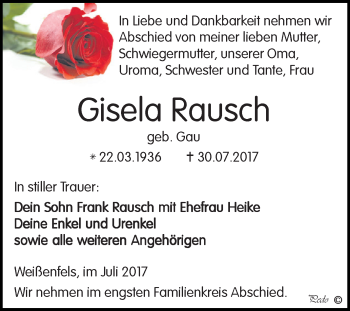 Traueranzeige von Gisela Rausch von WVG - Wochenspiegel NMB / WSF / ZTZ