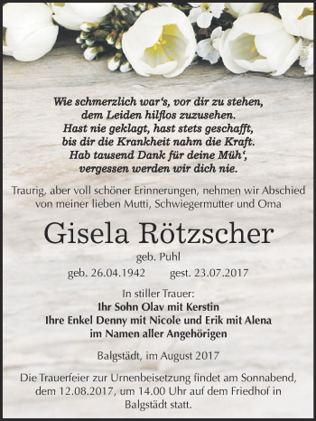 Traueranzeige von Gisela Rötzscher von WVG - Wochenspiegel NMB / WSF / ZTZ
