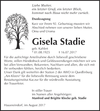 Traueranzeige von Gisela Stadie von WVG - Wochenspiegel Quedlinburg