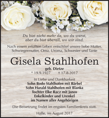 Traueranzeige von Gisela Stahlhofen von Mitteldeutsche Zeitung Halle/Saalkreis