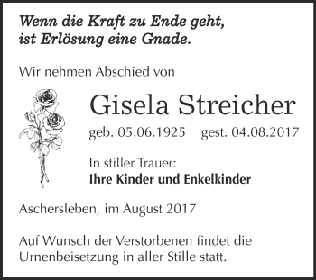 Traueranzeige von Gisela Streicher von Super Sonntag Aschersleben