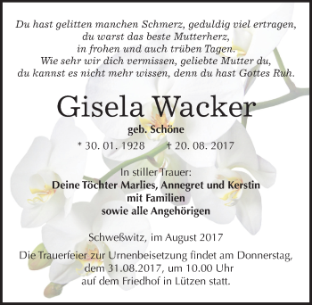 Traueranzeige von Gisela Wacker von Mitteldeutsche Zeitung Weißenfels