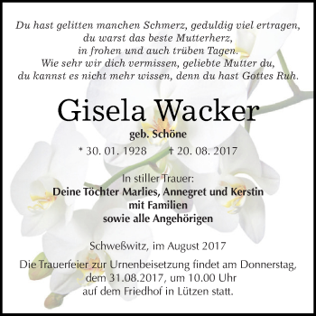 Traueranzeige von Gisela Wacker von WVG - Wochenspiegel NMB / WSF / ZTZ