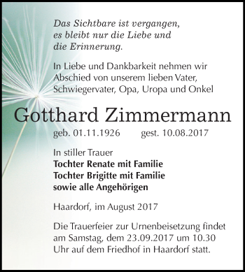 Traueranzeige von Gotthard Zimmermann von Super Sonntag Zeitz