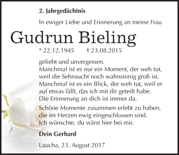 Traueranzeige von Gudrun Bieling von Mitteldeutsche Zeitung Naumburg/Nebra