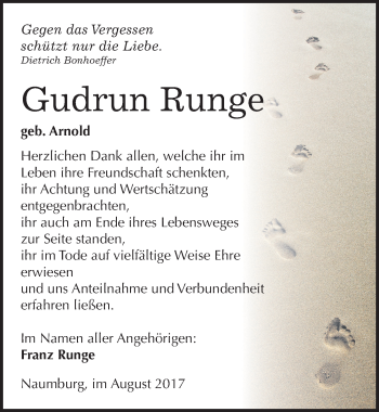 Traueranzeige von Gudrun Runge von Mitteldeutsche Zeitung Naumburg/Nebra