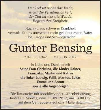 Traueranzeige von Gunter Bensing von Mitteldeutsche Zeitung
