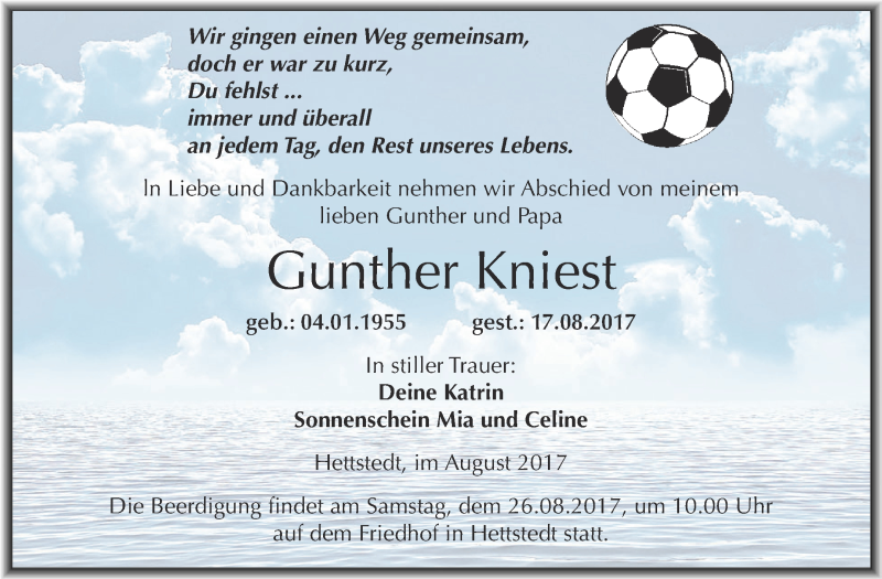  Traueranzeige für Gunther Kniest vom 23.08.2017 aus Wochenspiegel Mansfelder Land