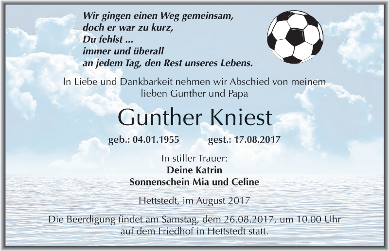  Traueranzeige für Gunther Kniest vom 19.08.2017 aus Mitteldeutsche Zeitung Mansfelder Land