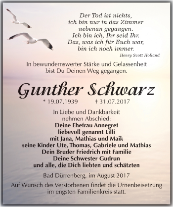 Traueranzeige von Gunther Schwarz von Mitteldeutsche Zeitung Merseburg/Querfurt