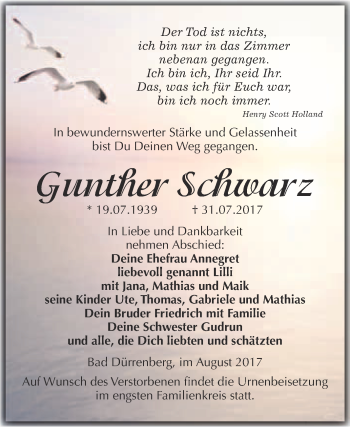 Traueranzeige von Gunther Schwarz von Super Sonntag Merseburg