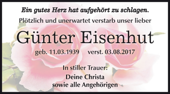 Traueranzeige von Günter Eisenhut von WVG - Wochenspiegel NMB / WSF / ZTZ