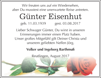 Traueranzeige von Günter Eisenhut von WVG - Wochenspiegel NMB / WSF / ZTZ