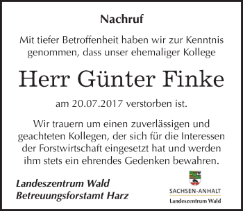 Traueranzeige von Günter Finke von Mitteldeutsche Zeitung Sangerhausen