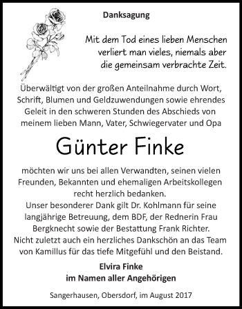 Traueranzeige von Günter Finke von Super Sonntag SGH Mansf. Land