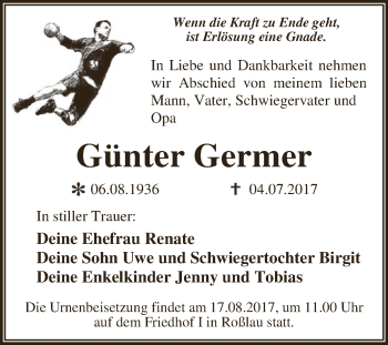 Traueranzeige von Günter Germer von WVG - Wochenspiegel Dessau / Köthen