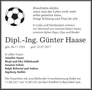 Traueranzeige von Günter Haase von Mitteldeutsche Zeitung Halle/Saalkreis