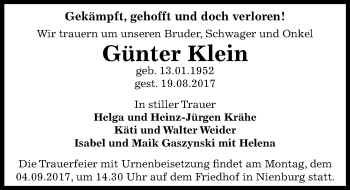 Traueranzeige von Günter Klein von Mitteldeutsche Zeitung Bernburg