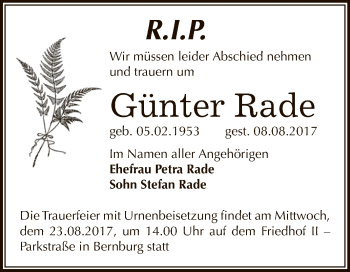 Traueranzeige von Günter Rade von Super Sonntag Bernburg