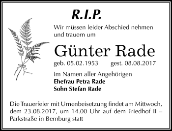 Traueranzeige von Günter Rade von Mitteldeutsche Zeitung Bernburg