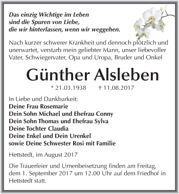 Traueranzeige von Günther Alsleben von Mitteldeutsche Zeitung Mansfelder Land