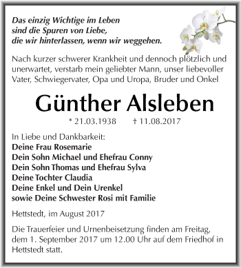 Traueranzeige von Günther Alsleben von Wochenspiegel Mansfelder Land