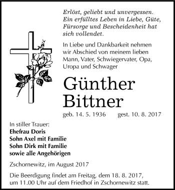 Traueranzeige von Günther Bittner von Mitteldeutsche Zeitung Wittenberg