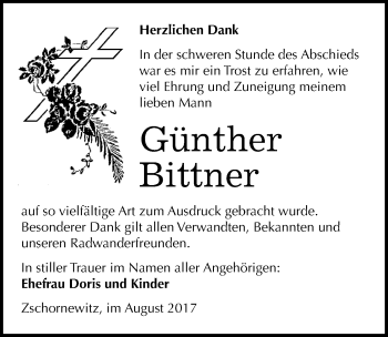 Traueranzeige von Günther Bittner von Mitteldeutsche Zeitung Wittenberg