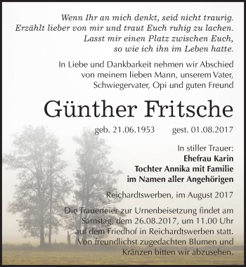 Traueranzeige von Günther Fritsche von Mitteldeutsche Zeitung Weißenfels