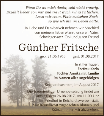 Traueranzeige von Günther Pritsche von WVG - Wochenspiegel NMB / WSF / ZTZ