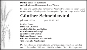Traueranzeige von Günther Schneidewind von Super Sonntag Aschersleben