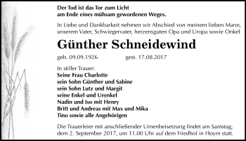 Traueranzeige von Günther Schneidewind von Mitteldeutsche Zeitung Aschersleben