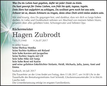 Traueranzeige von Hagen Zubrodt von WVG - Wochenspiegel NMB / WSF / ZTZ