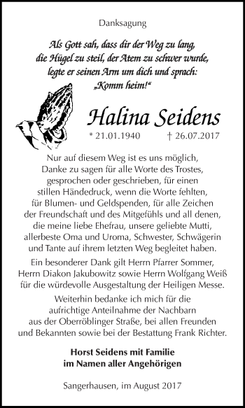 Traueranzeige von Halina Seidens von WVG - Wochenspiegel SGH