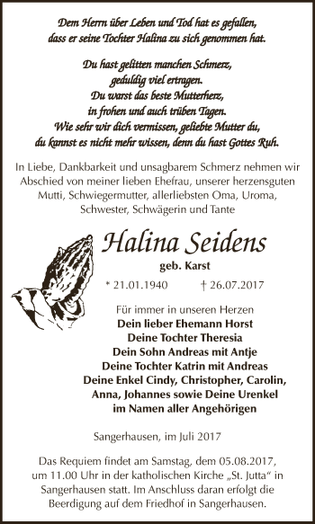 Traueranzeige von Halina Seidens von WVG - Wochenspiegel SGH