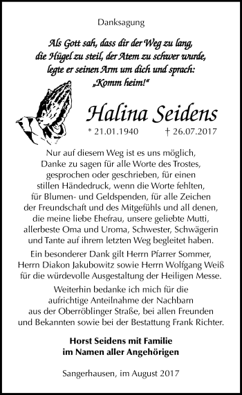 Traueranzeige von Halina Seidens von Mitteldeutsche Zeitung Sangerhausen