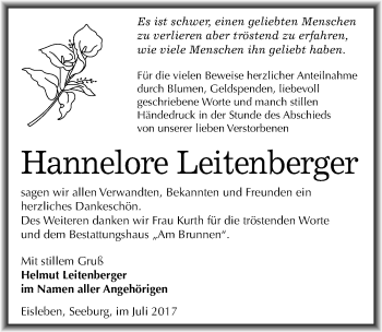 Traueranzeige von Hannelore Leitenberger von Mitteldeutsche Zeitung Mansfelder Land