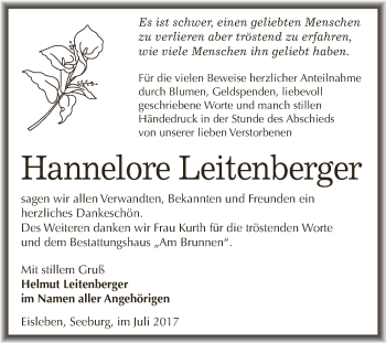 Traueranzeige von Hannelore Leitenberger von Wochenspiegel Mansfelder Land