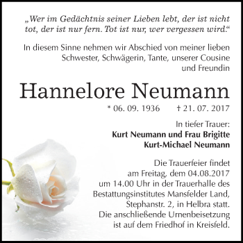 Traueranzeige von Hannelore Neumann von Wochenspiegel Mansfelder Land