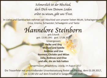 Traueranzeige von Hannelore Steinborn von Super Sonntag SGH Mansf. Land