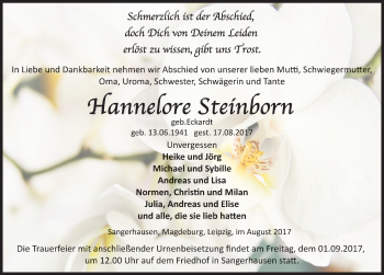 Traueranzeige von Hannelore Steinborn von Mitteldeutsche Zeitung Sangerhausen