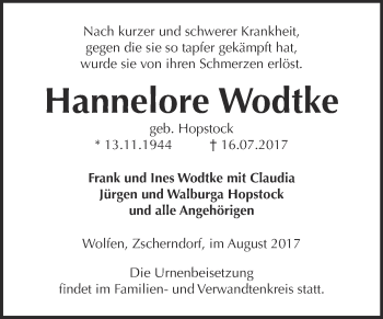 Traueranzeige von Hannelore Wodtke von WVG - Wochenspiegel Bitterfeld
