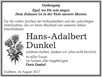 Traueranzeige von Hans-Adalbert Dunkel von Mitteldeutsche Zeitung Mansfelder Land