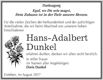 Traueranzeige von Hans-Adalbert Dunkel von Wochenspiegel Mansfelder Land