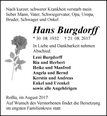 Traueranzeige von Hans Burgdorff von Mitteldeutsche Zeitung Sangerhausen