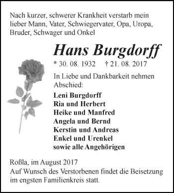 Traueranzeige von Hans Burgdorff von Super Sonntag SGH Mansf. Land